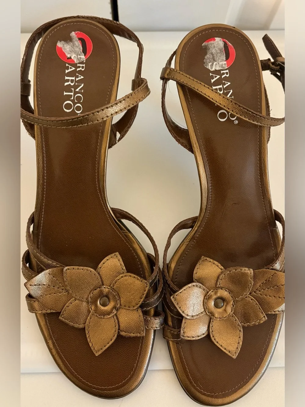 FRANCO SARTO, Bronze Faux Leather Mid-Heel Sandals with Flower Accent